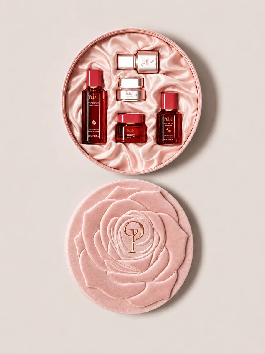 PÉTALE skincare set of red glass bottles and jars in a round pink satin-lined gift box, with its rose-embossed velvet lid.