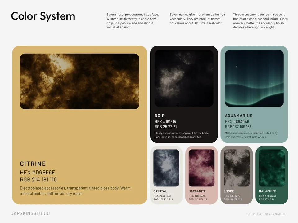 SATURNINE color system proposal board: seven named bottle colors with hex and RGB values and a finish note for each.
